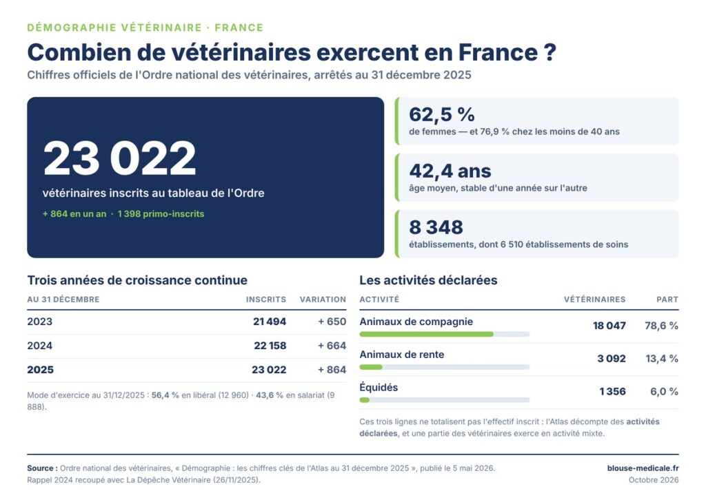 Infographie : 23 022 vétérinaires inscrits au tableau de l'Ordre en France au 31 décembre 2025, avec la répartition par activité déclarée et par mode d'exercice